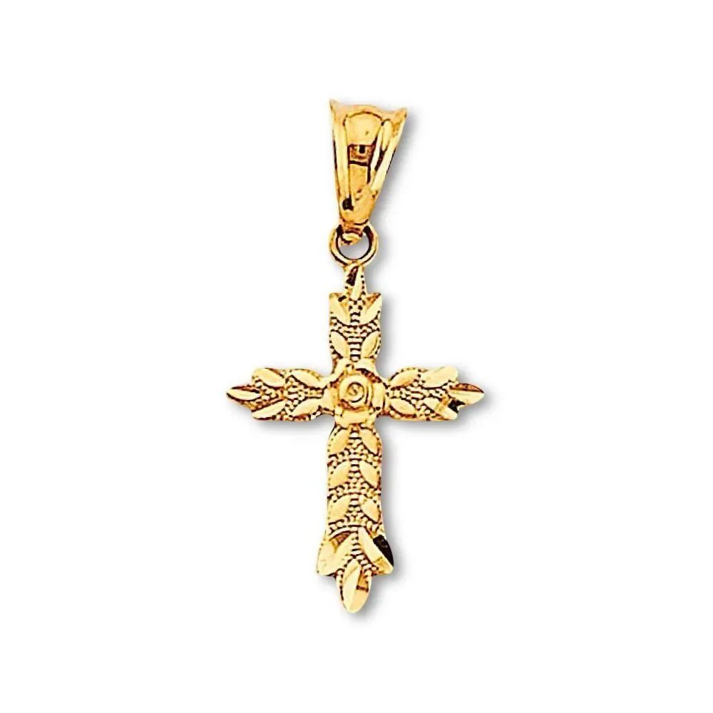 14K Gold Cross Pendant with Leaf and Rose Detailing By Tehrani Jewelry